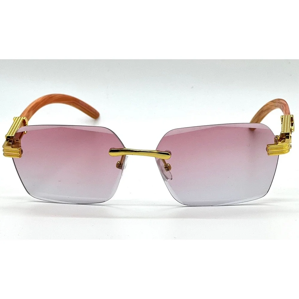 Rimless Sunglasses Men Fashion Shades Wood Grain Arm Pink Lens Retro Lentes 2026
